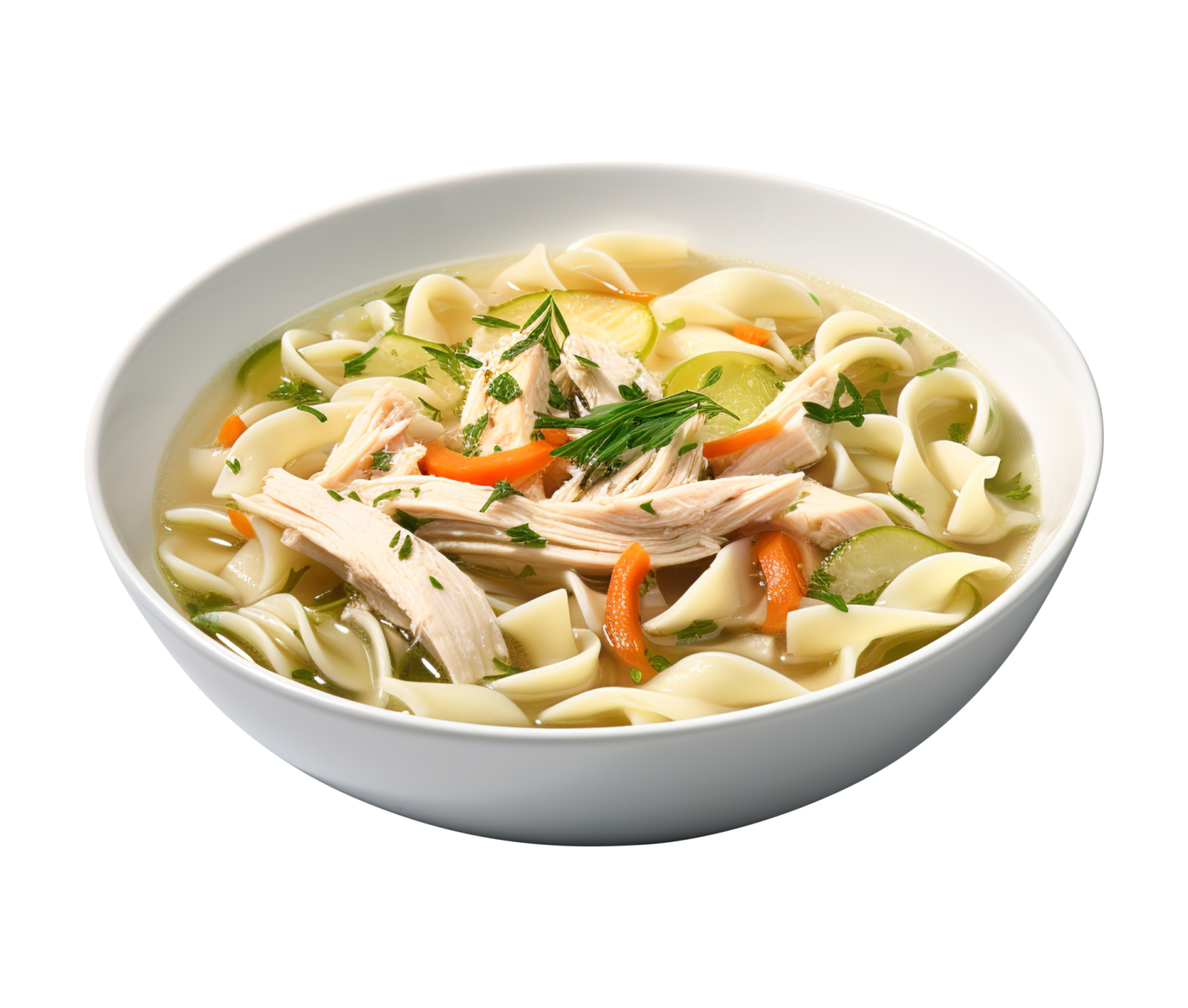 a bowl of chicken noodle soup on a white background