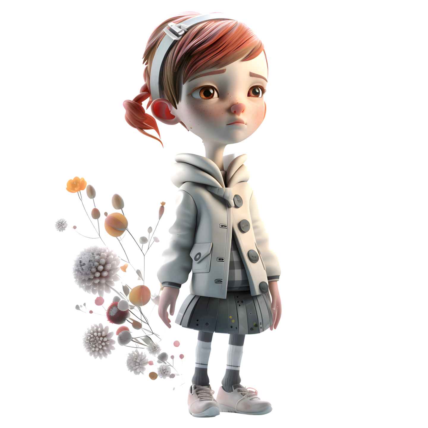 a little girl standing in front of a white background