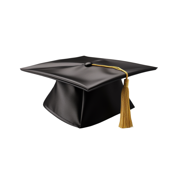 a black graduation cap with a gold ta