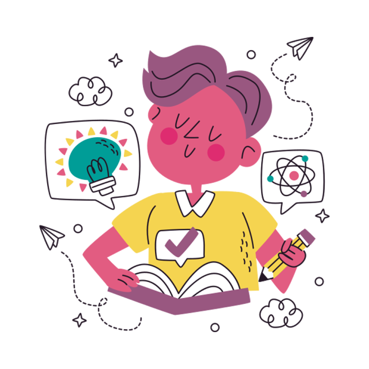 a woman reading a book with icons around her