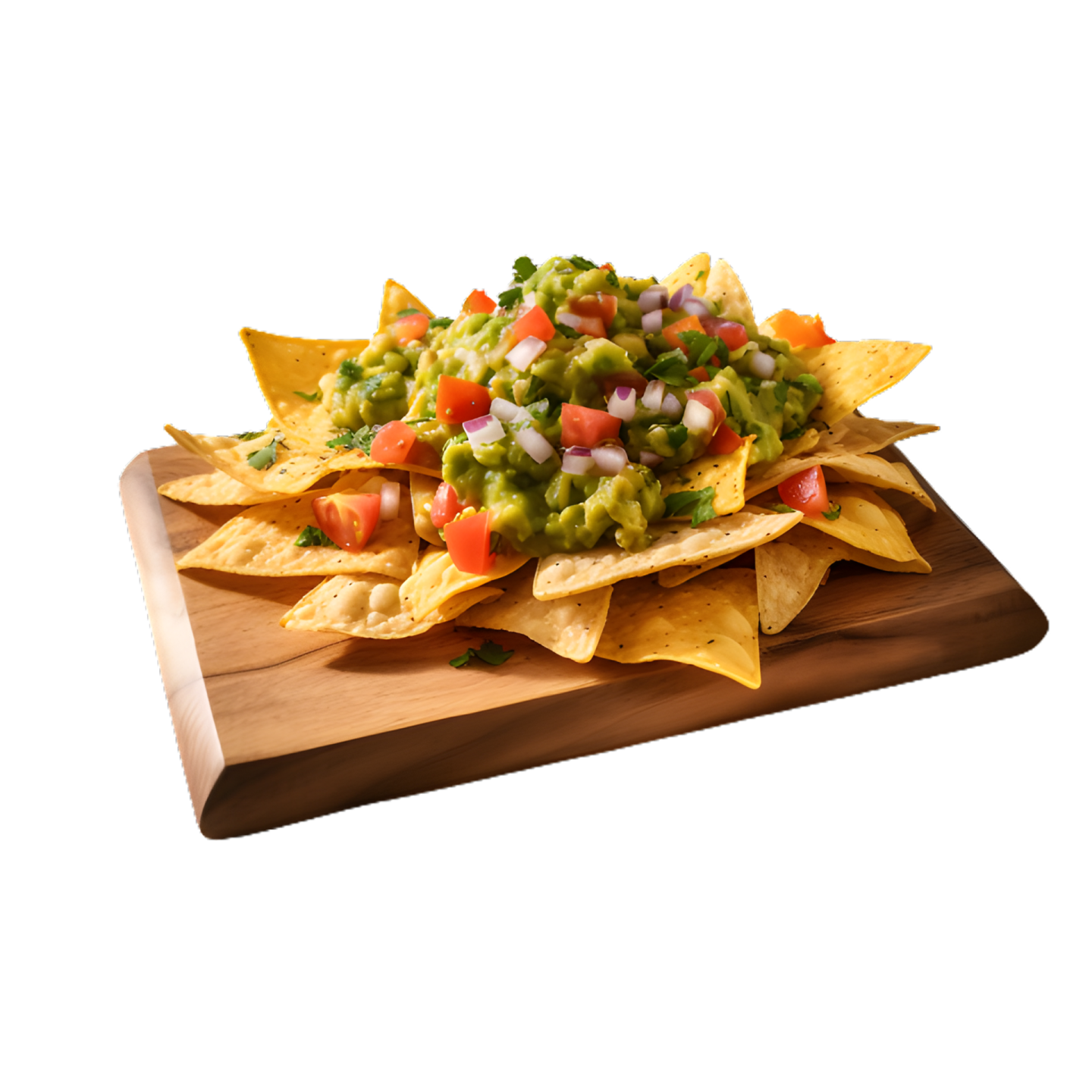 a wooden tray topped with chips and gui