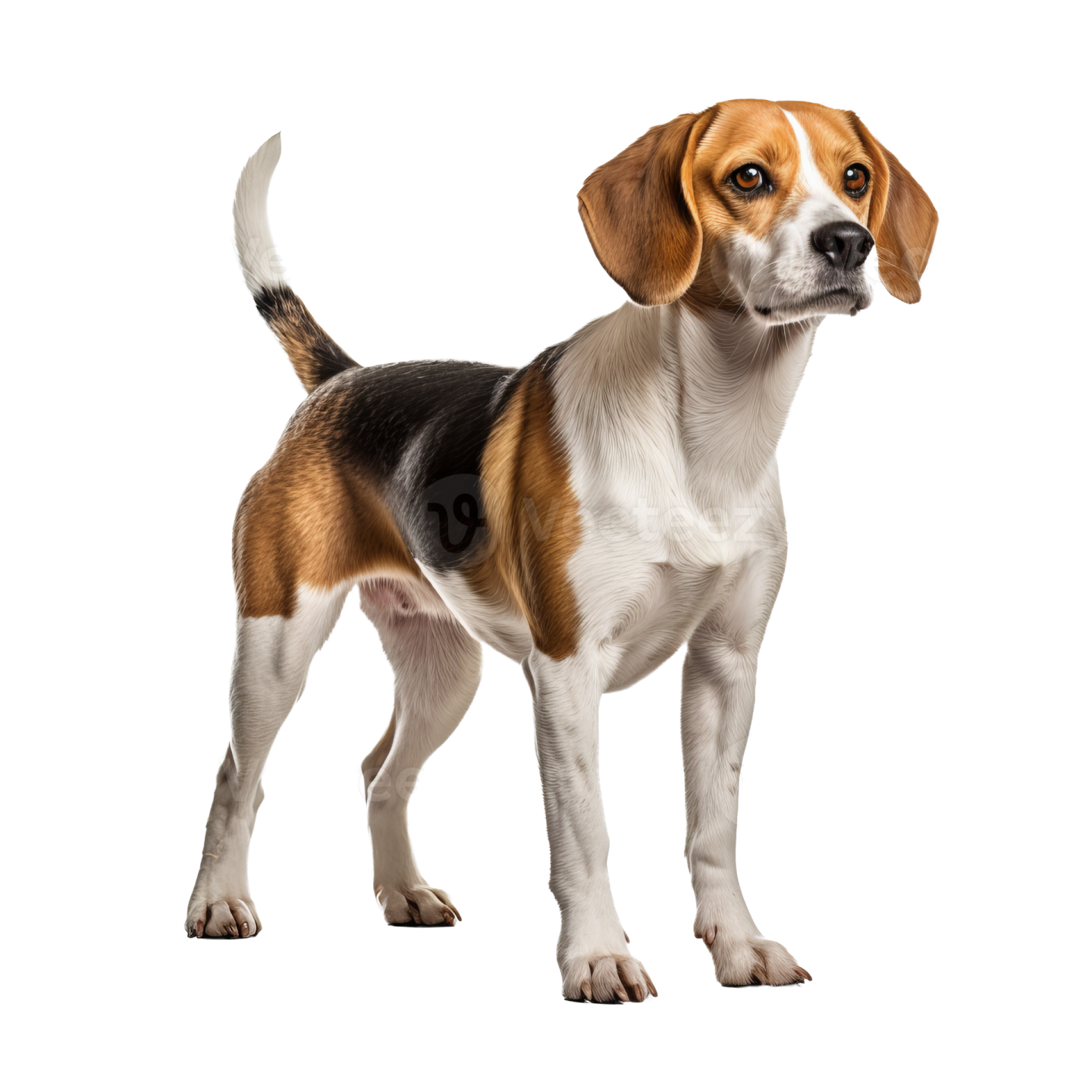 a brown and white dog standing on a white background