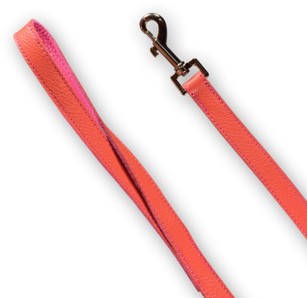 a pink leather leash with a metal hook