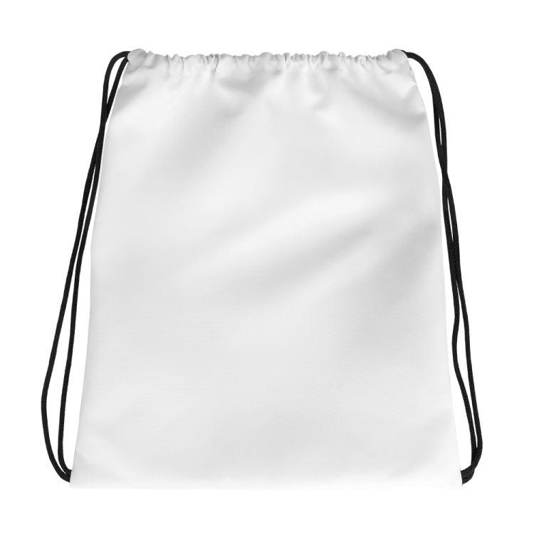 a white drawsack bag with black draws