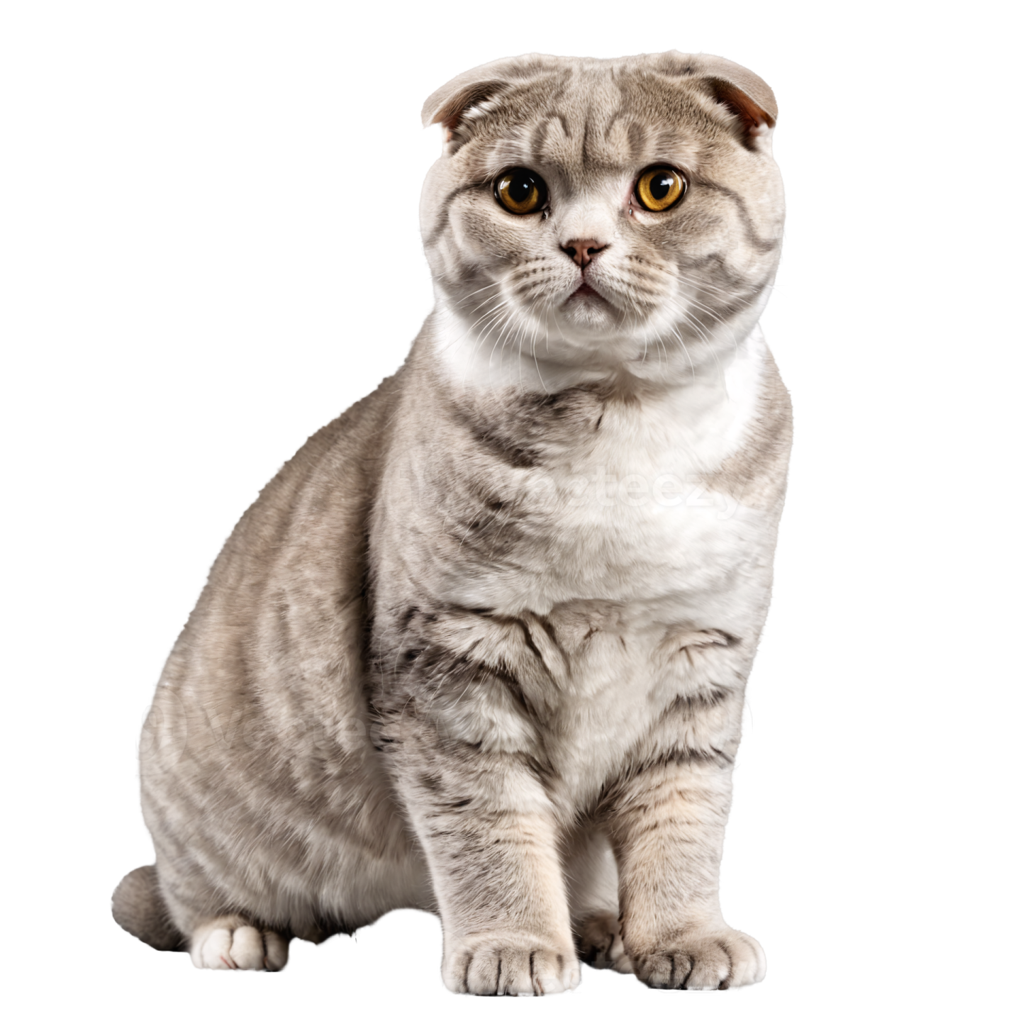 a gray and white cat sitting on a white background