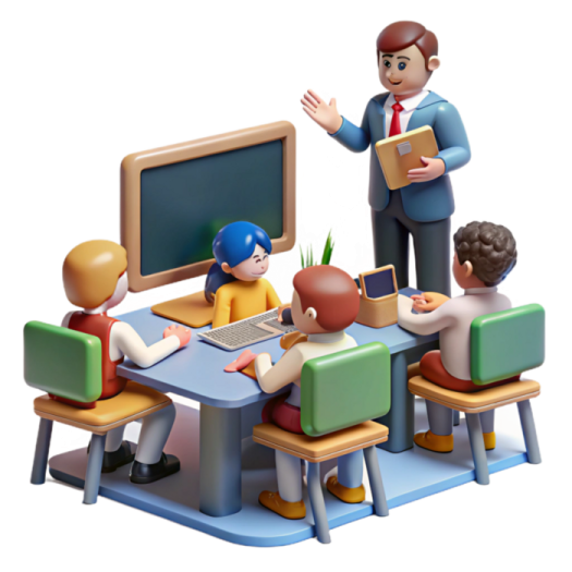 a group of children sitting at desks in front of a blackboard