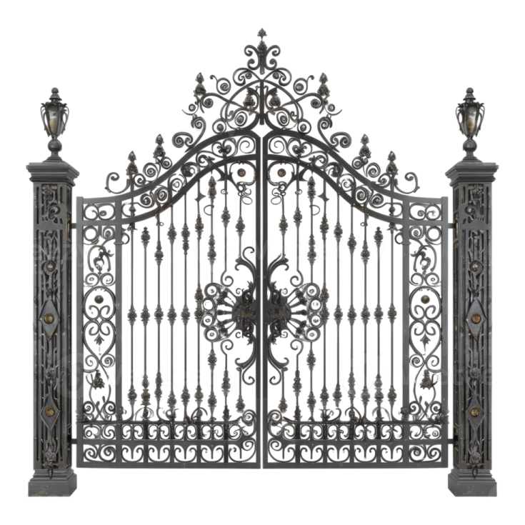 a wrought iron gate on a white background