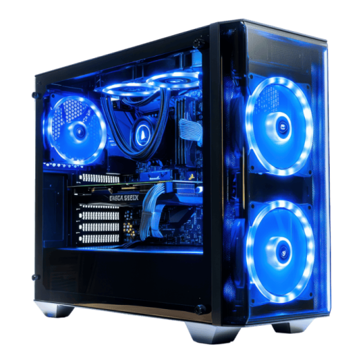 a black computer case with blue leds