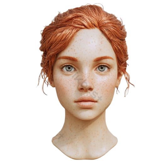 a close up of a doll with red hair