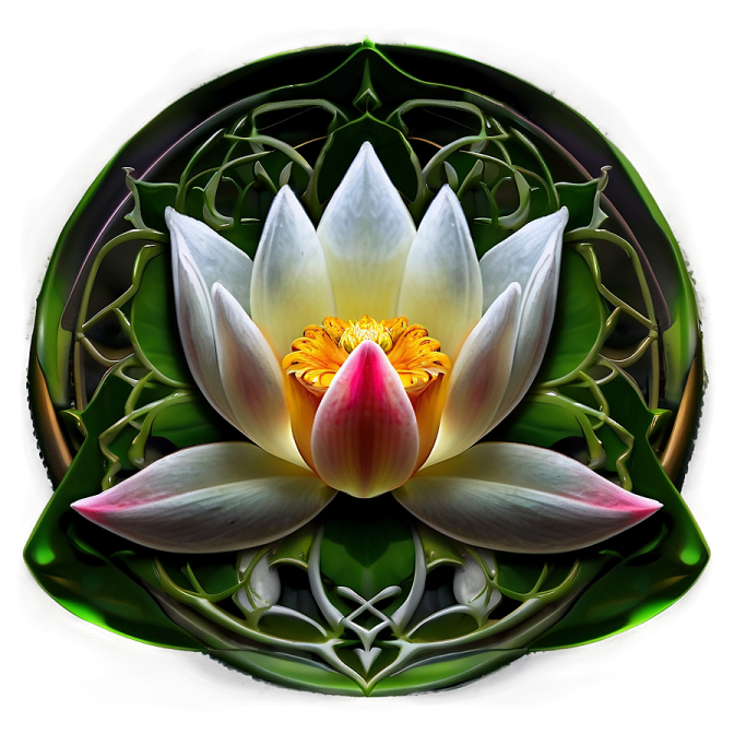 a white and pink flower with green leaves