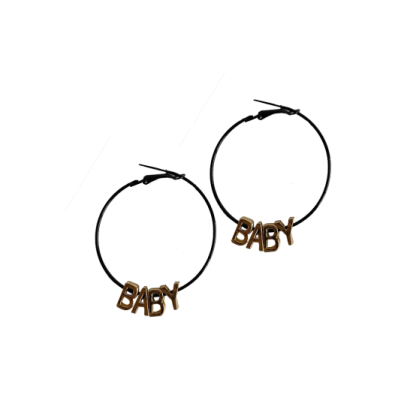 a pair of black and gold hoop earrings with the word baby on it