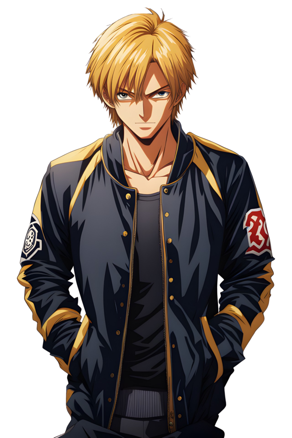 a man with blonde hair wearing a black and gold jacket