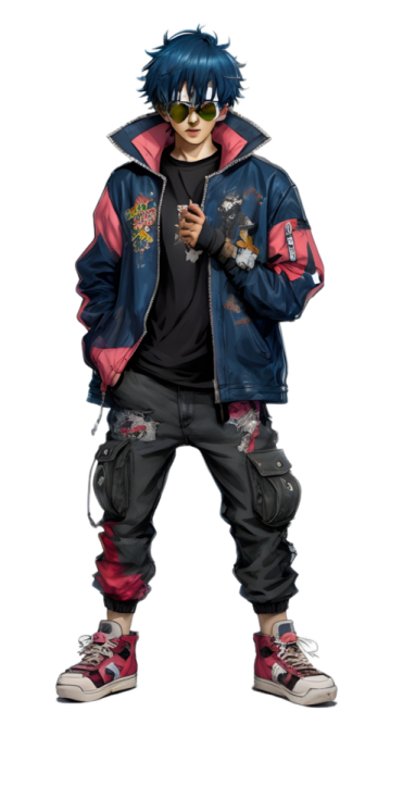 a young boy in a blue jacket and black pants