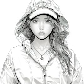 a black and white drawing of a woman wearing a hoodie