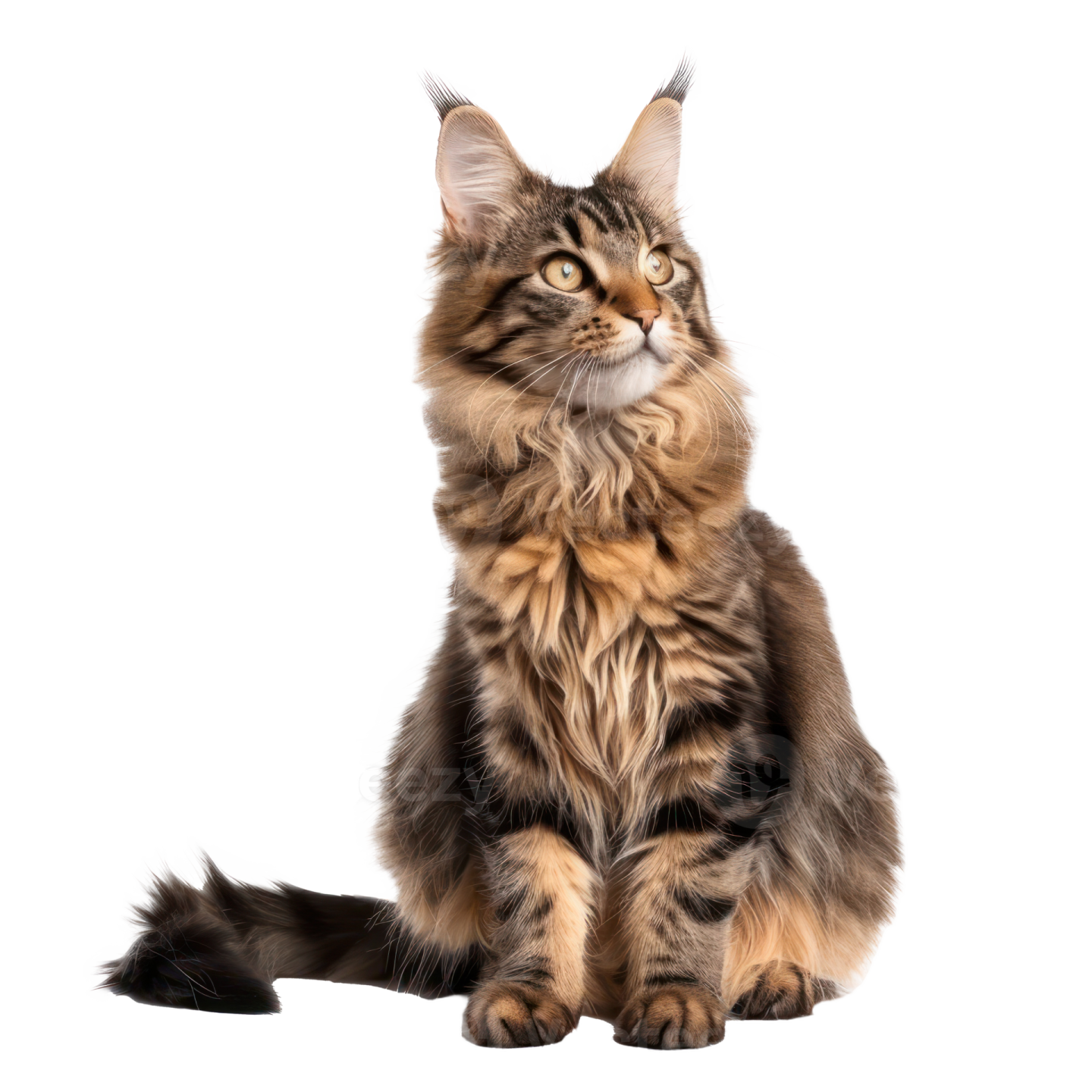 a long haired cat sitting down and looking up
