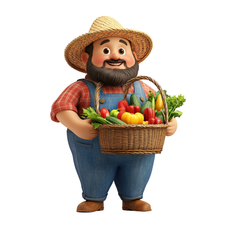 a cartoon farmer holding a basket of vegetables