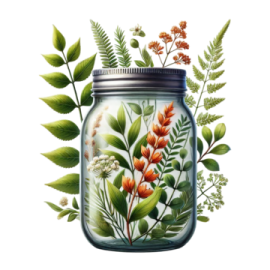 a glass jar filled with flowers and leaves