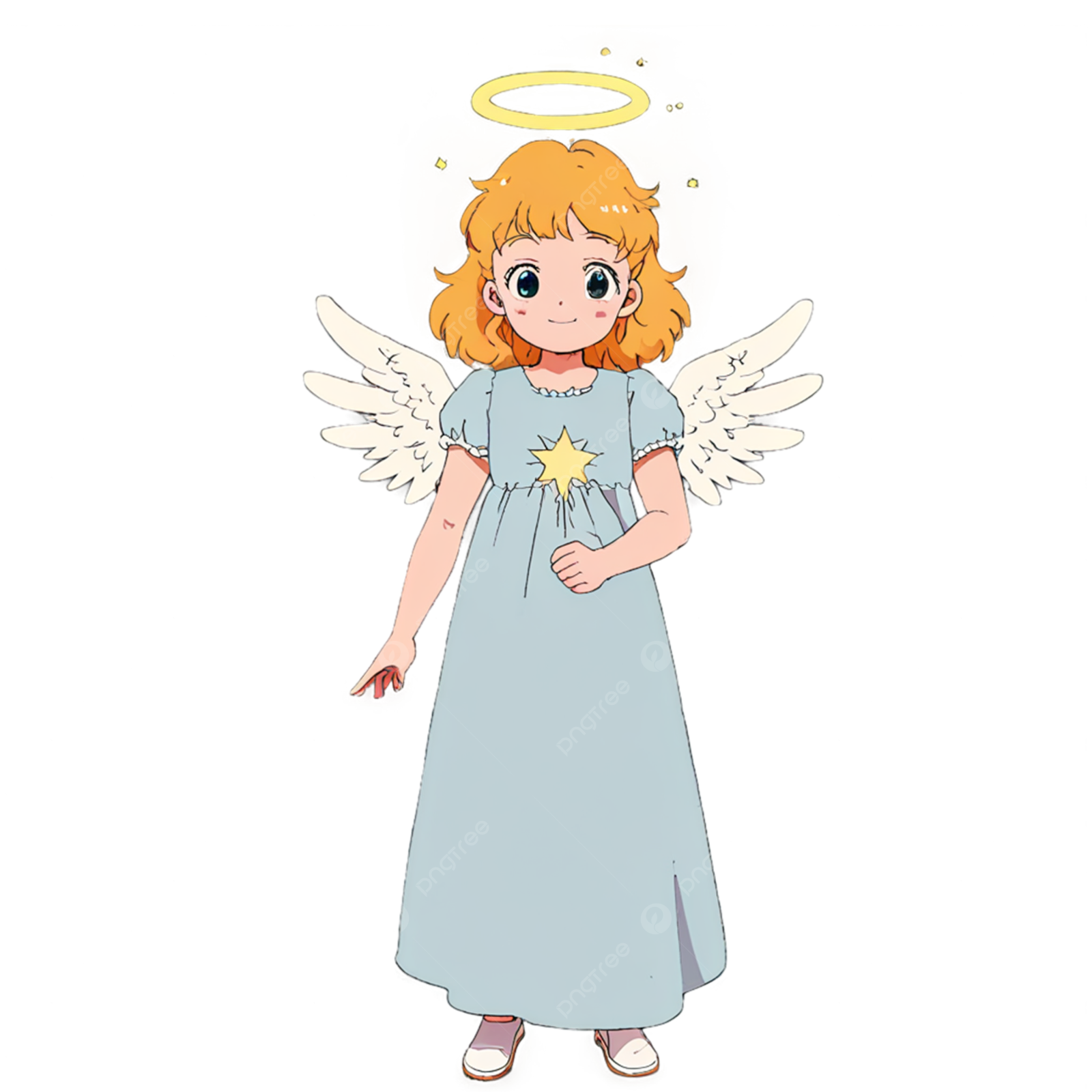 cute little angel girl in a blue dress with a star in her hands vector illustration on a white background stock vector illustration