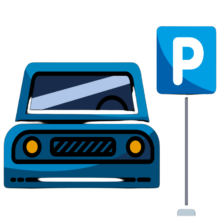 a blue car with a parking sign on it