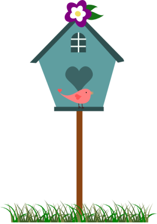 a bird house with a pink flower on top