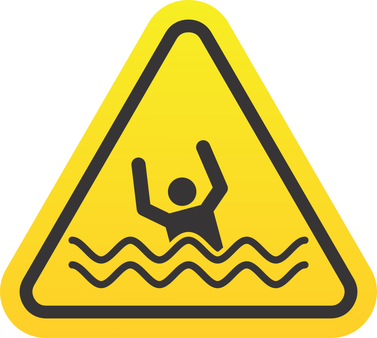 a warning sign with a swimmer in the water