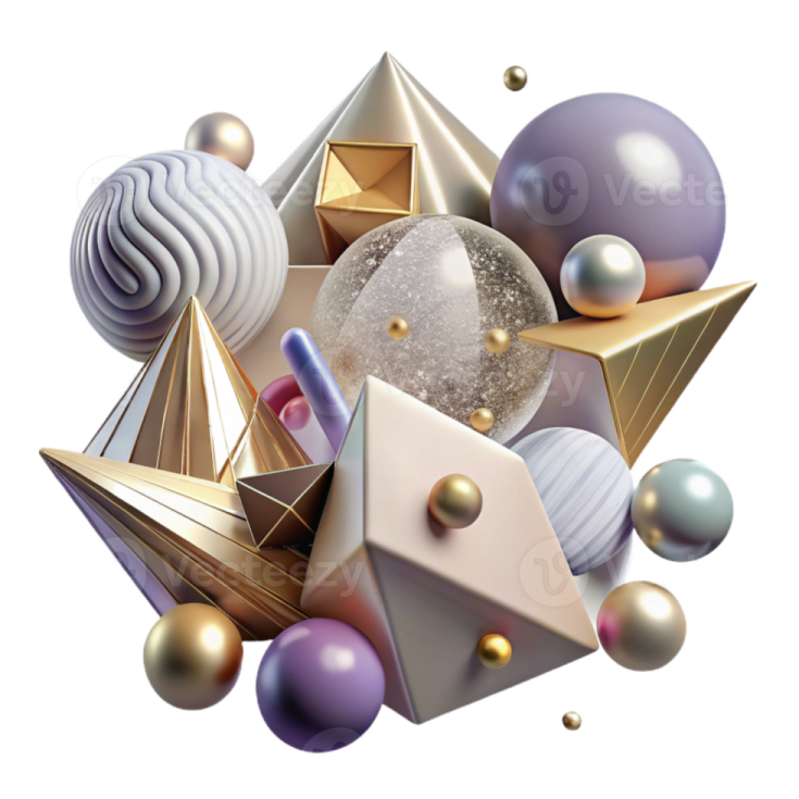 a bunch of different colored balls and shapes