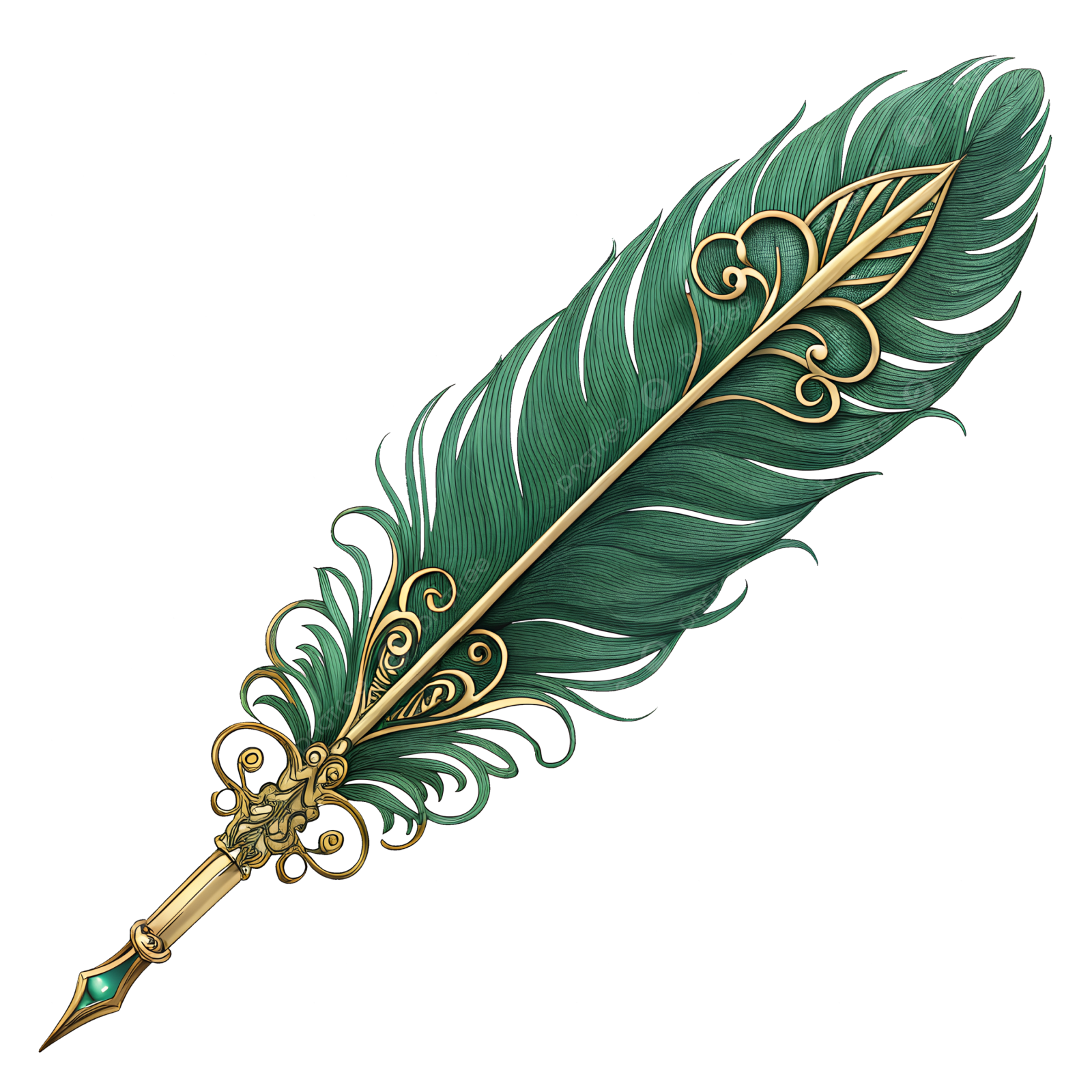 a green feather with gold accents on it
