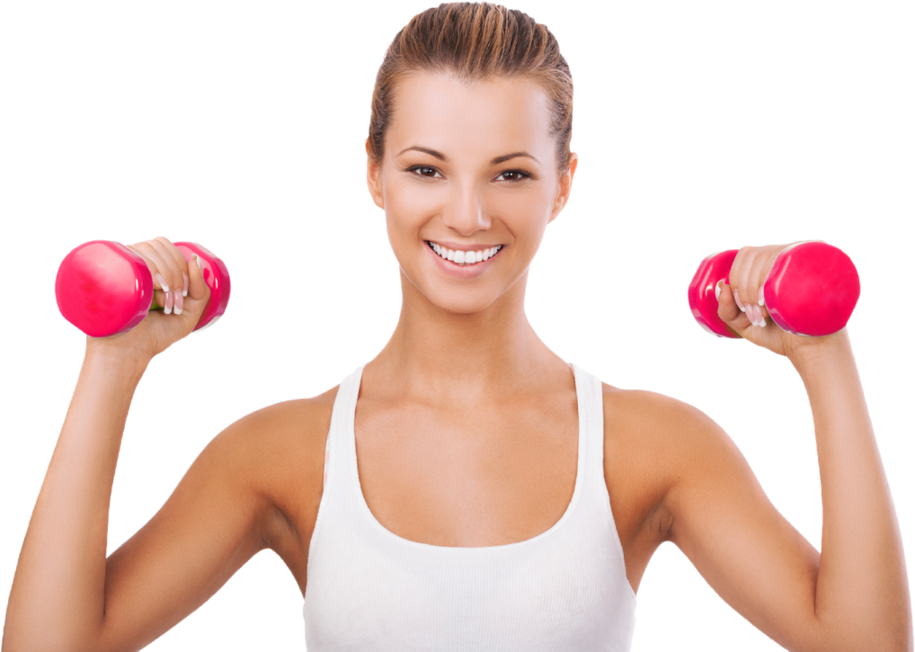 a woman holding two dumbs in her hands