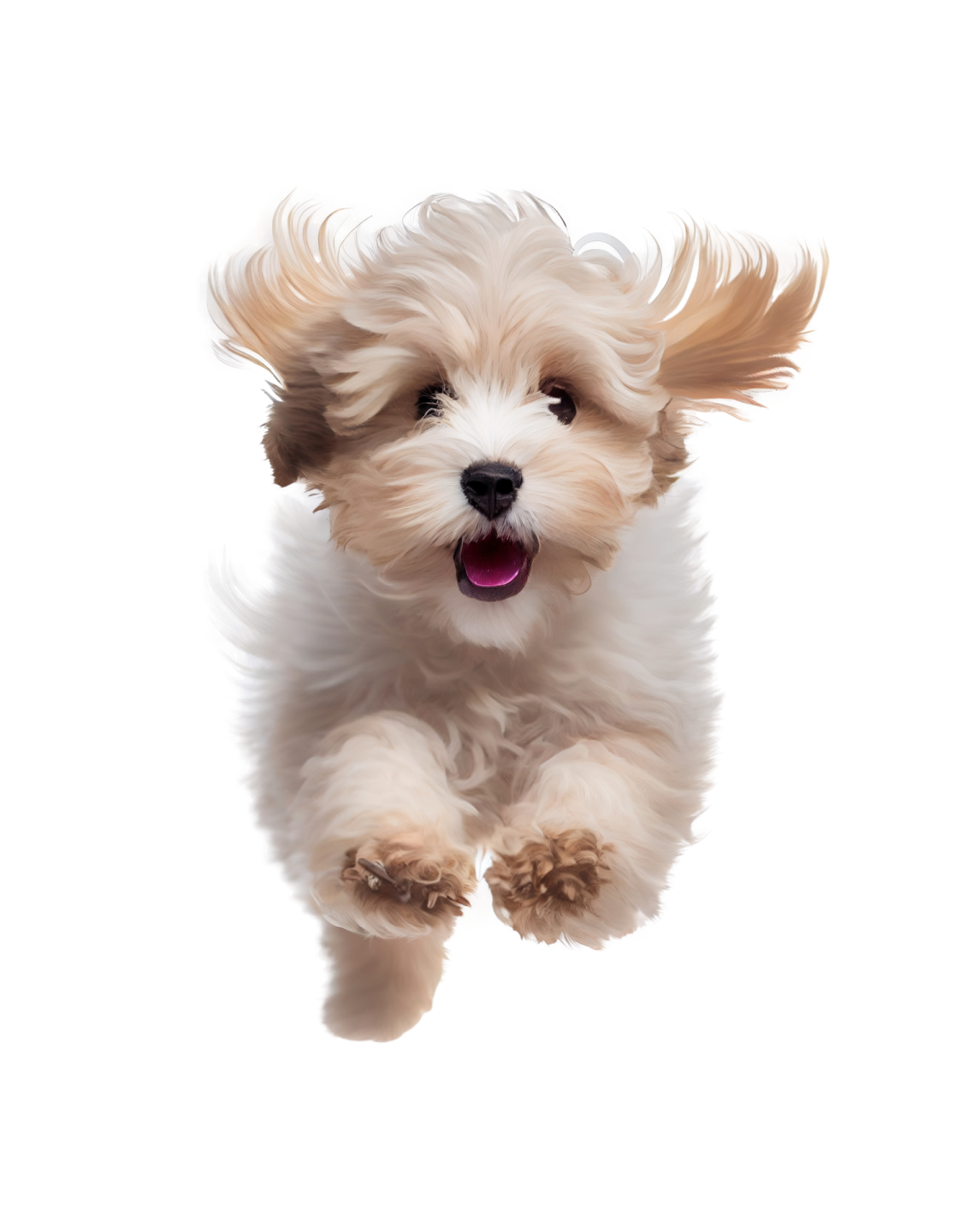 a small white dog running through the air