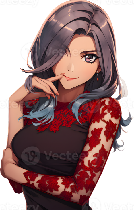 a girl with grey hair and red dress