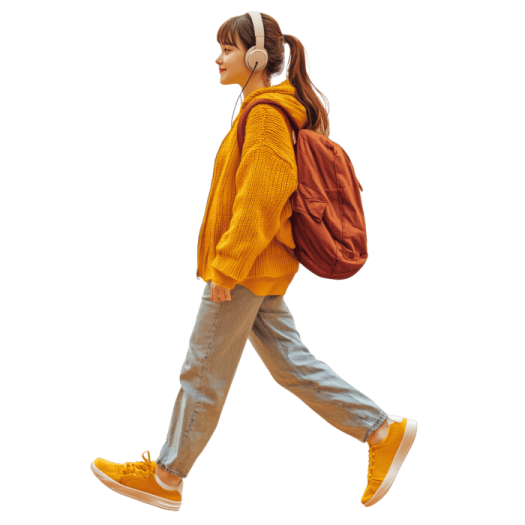 a woman walking with a backpack on her back