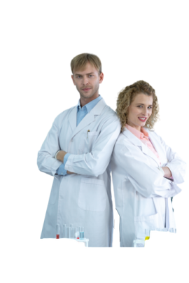 a man and woman standing in front of laboratory equipment