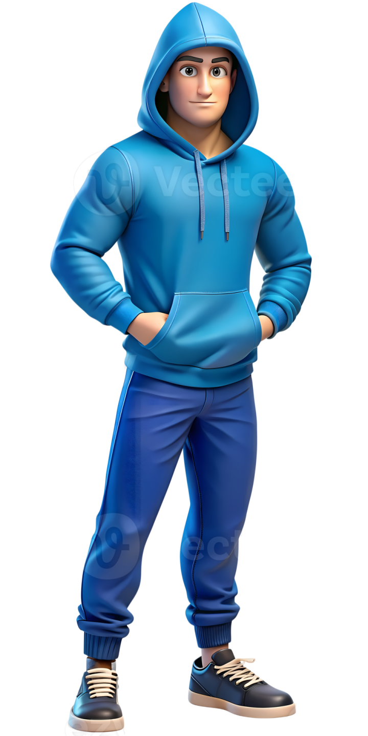 a cartoon character in a blue hoodie