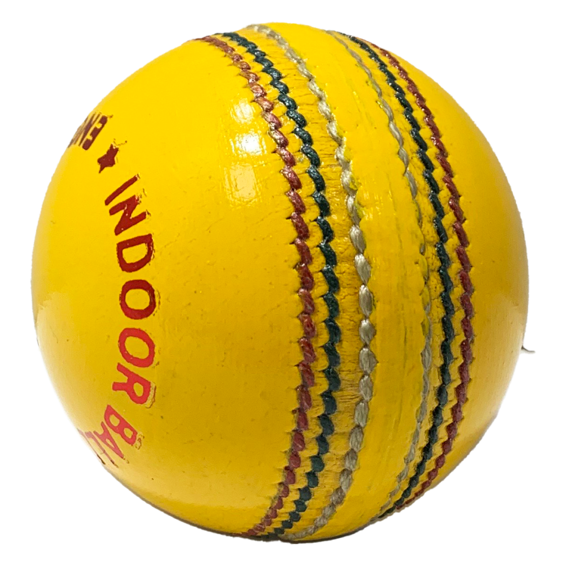 a yellow cricket ball with red writing on it