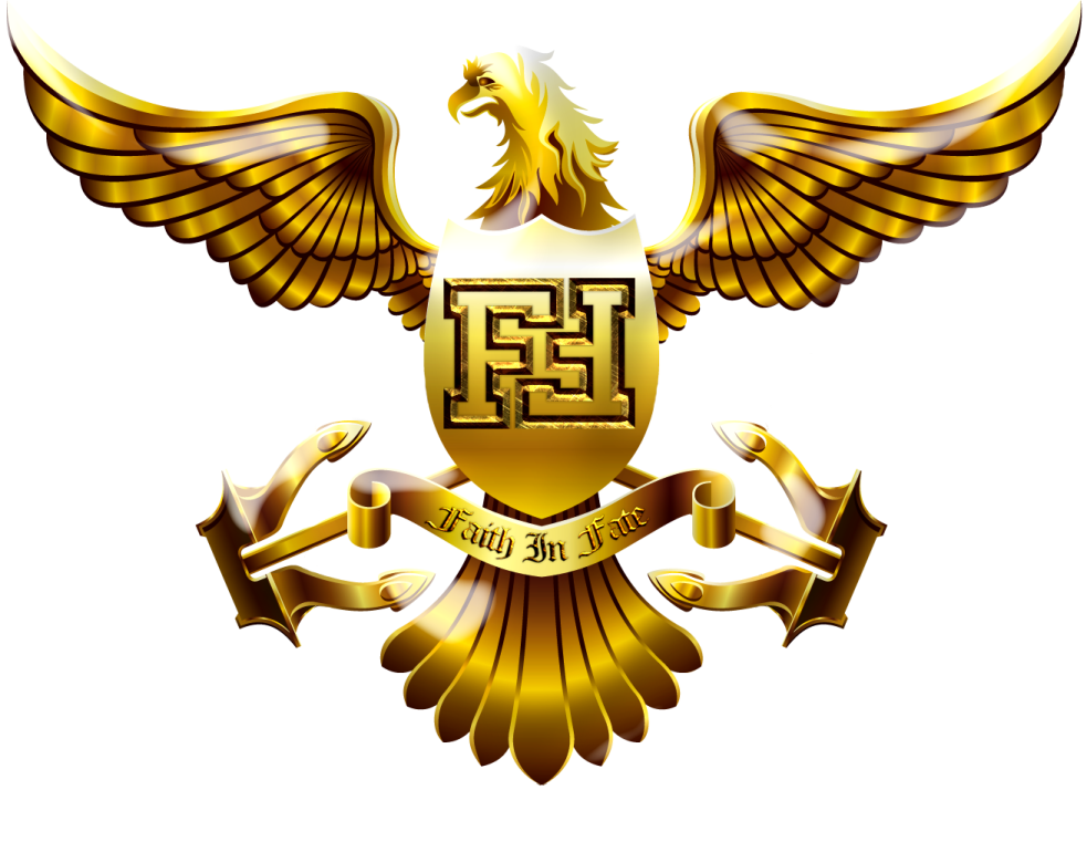 a golden eagle with a shield and banner
