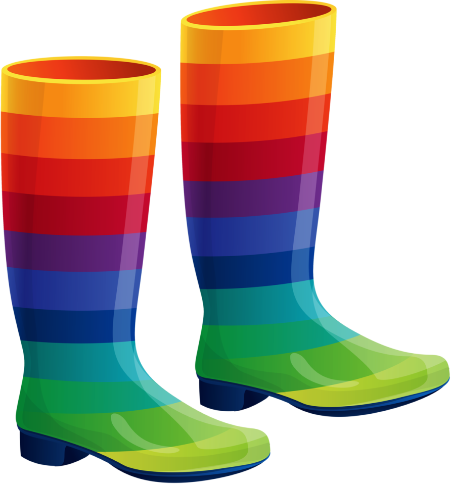 a pair of rainbow colored rain boots