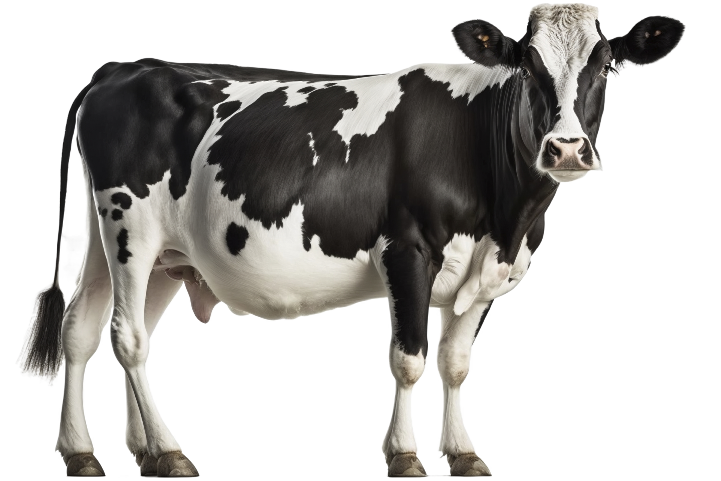 a black and white cow standing in front of a white background
