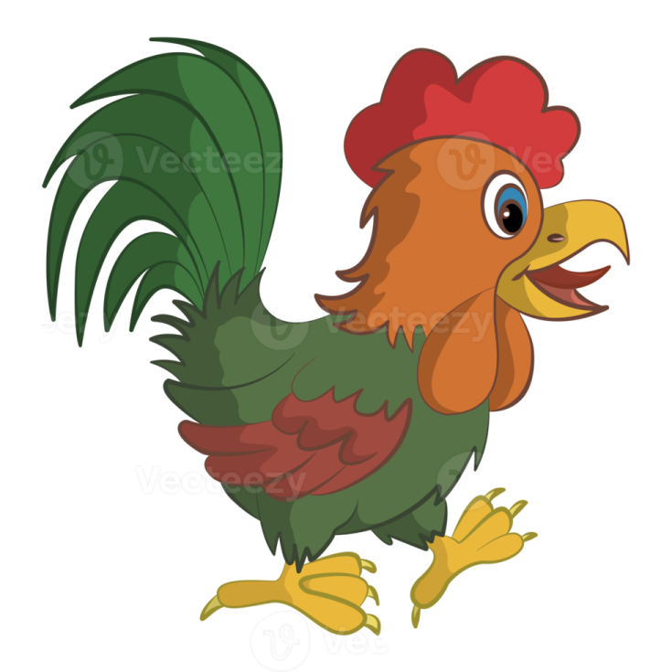 a cartoon chicken with red and yellow feathers