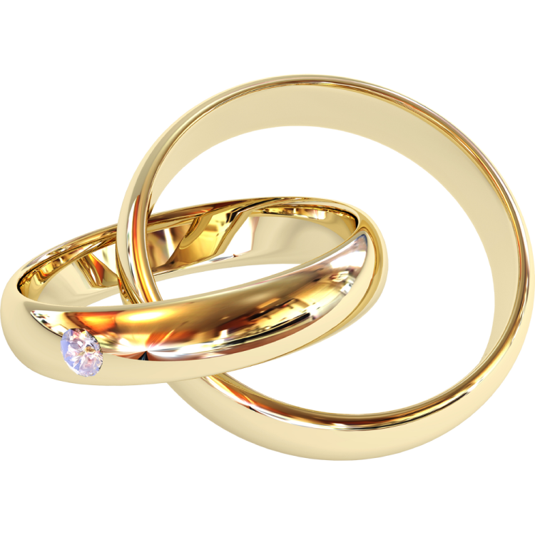 two gold wedding rings with a diamond