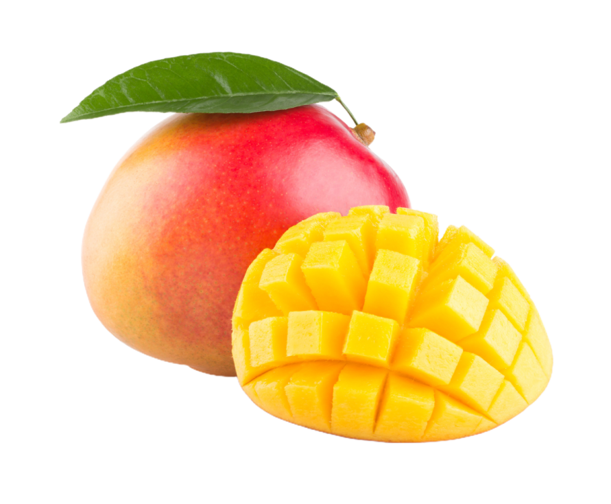 a mango and a piece of mango on a white background