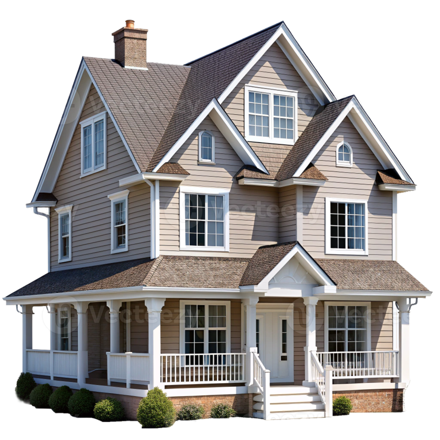 a two story house with white trim and brown roof