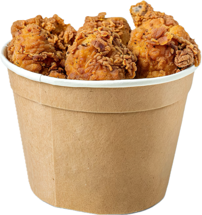 a paper cup filled with fried chicken