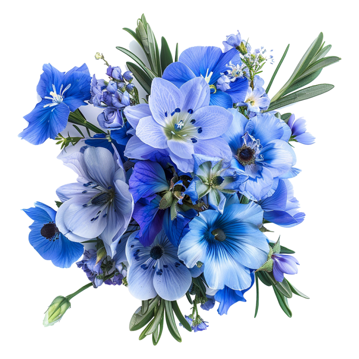 a bouquet of blue flowers on a white background
