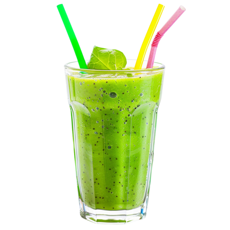 a green smoothie in a glass with two straws