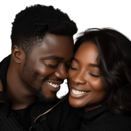 a man and woman smile at each other people
