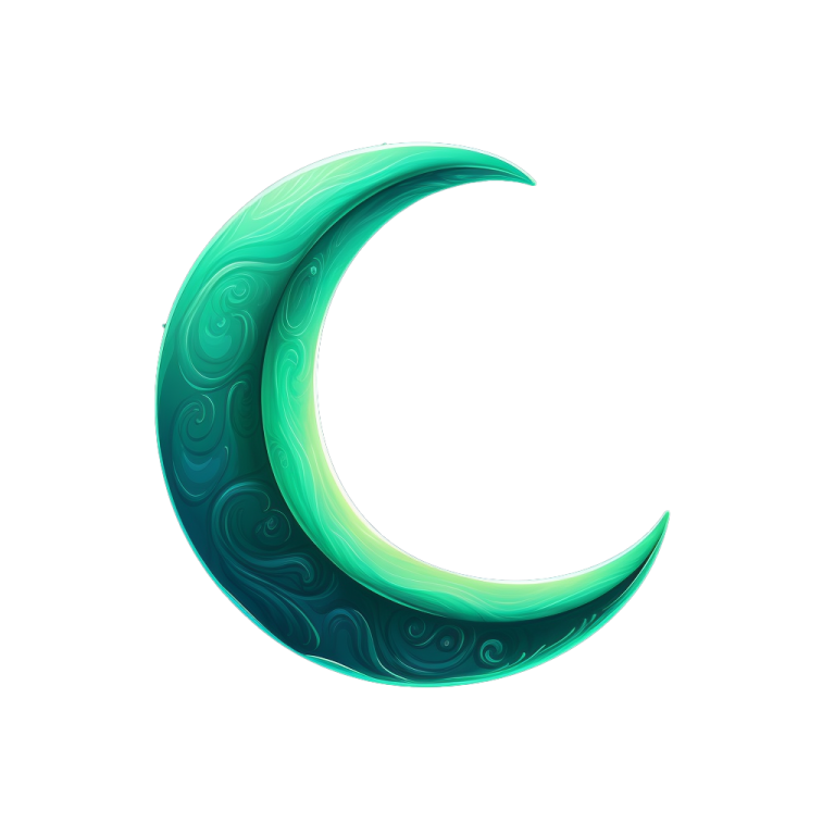 a green crescent with swirls on it