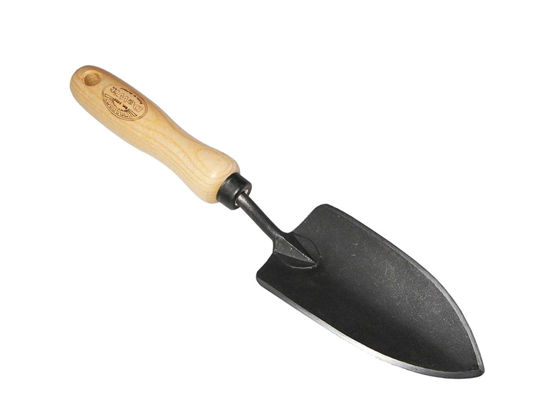 a black shovel with wooden handle