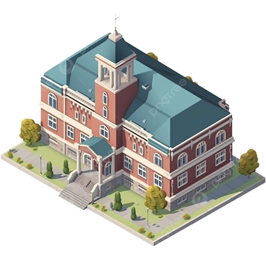 a large red brick building with a blue roof