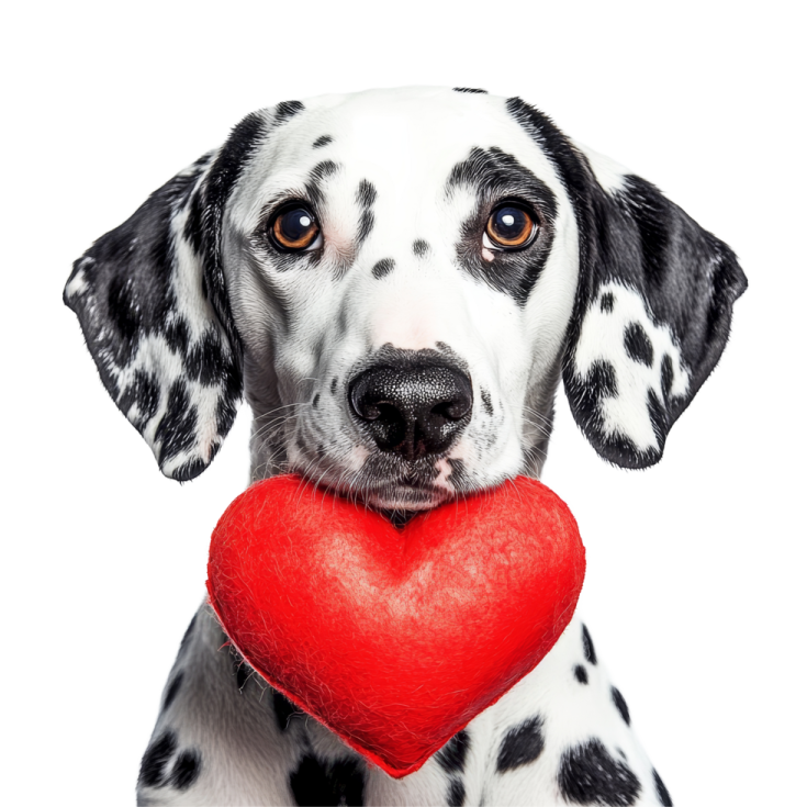 a dog holding a red heart in its mouth