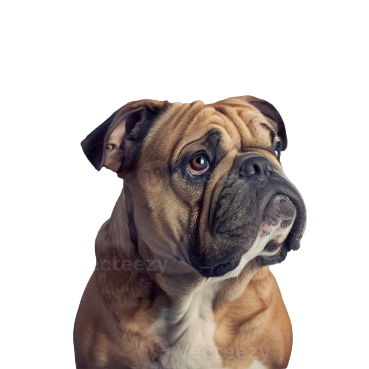 a brown and white dog looking up at the camera